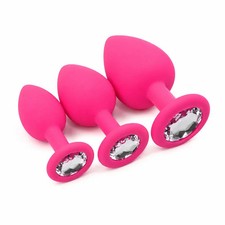 3Pc Silicone Anal Plug Set with Crystal Base Small Medium Large Body Safe Pink