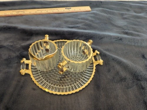 Jeanette Ribbed Glass Gold Trim Sugar Bowl, Creamer, And Tray Vintage