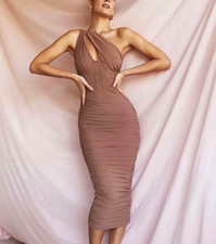 HOUSE OF CB Women’s XS Brown One-Shoulder Ruched Asymmetric Bodycon Midi Dress