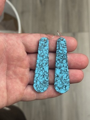 STERLING SILVER NATIVE AMERICAN KINGMAN WEB TURQUOISE SLAB HOOK EARRINGS .925 