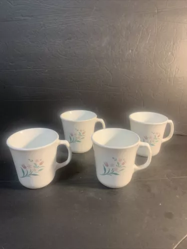 Lot of 4  Corelle Corning Rosemarie pink tulip Coffee Tea Mugs Cups  USA