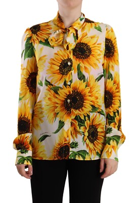 DOLCE & GABBANA Top White Sunflower Silk Ascot Collar Blouse DOLCE & GABBANA Top White Sunflower Silk Ascot Collar Blouse
