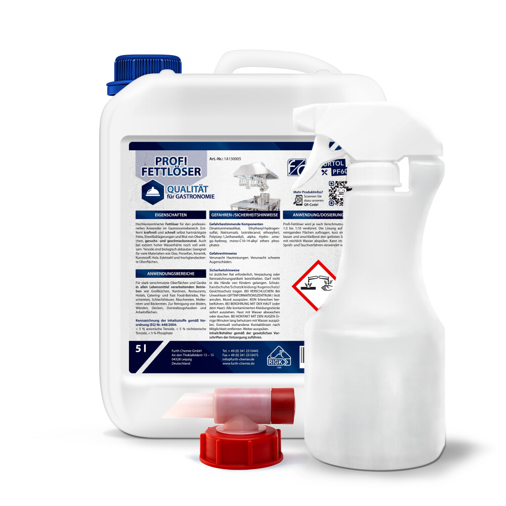 Profi Fettlöser, Küchenreiniger 5L inkl. 500 ml Sprühflasche+DIN 51 Auslaufhahn