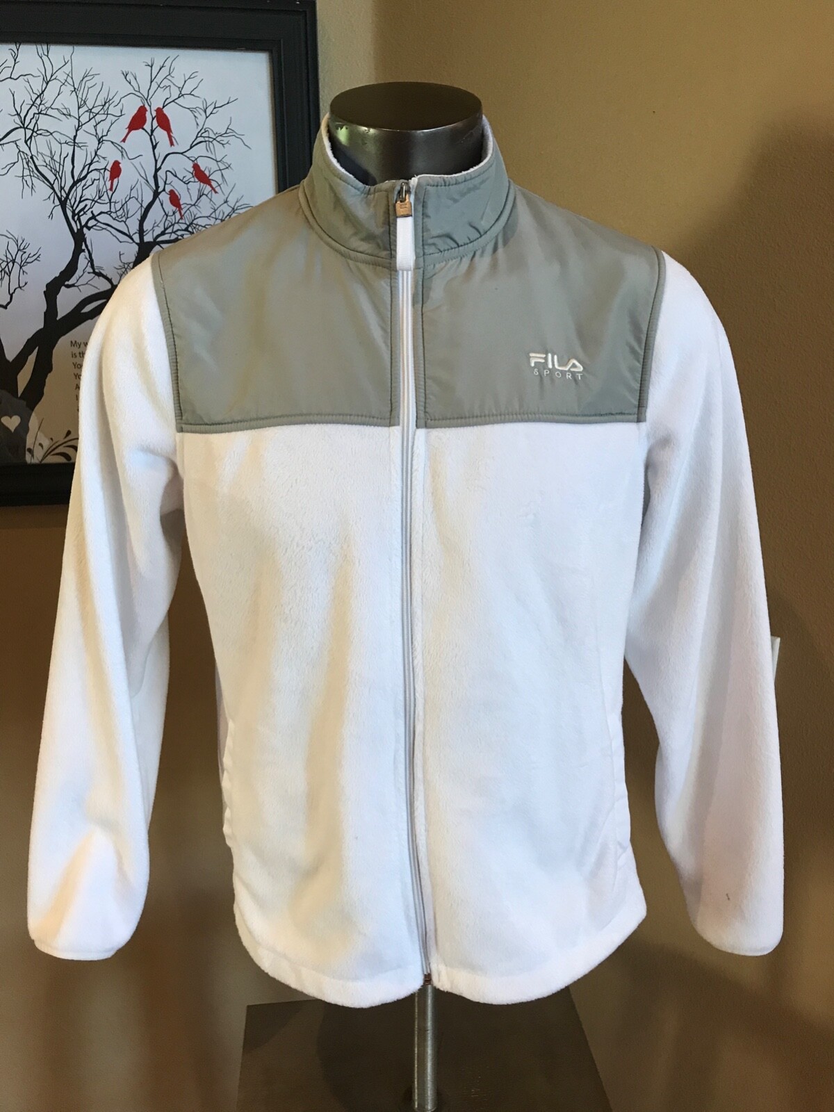 Fila Sport Women’s Super Fake Fur Long Sleeve Jacket White Zip Grey Sz XL