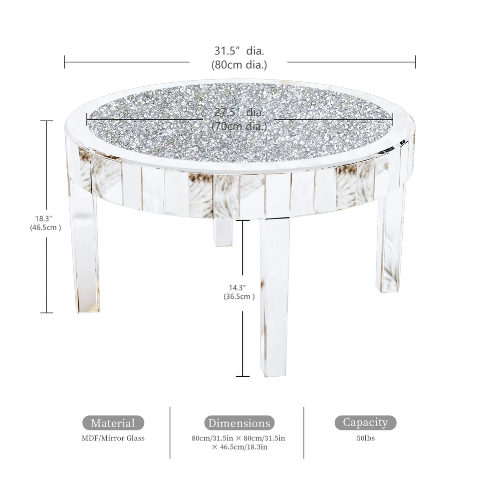 80CM Round Mirrored Coffee Table Large Decorative Bling Crushed Diamond Tabletop - image 3 of 4