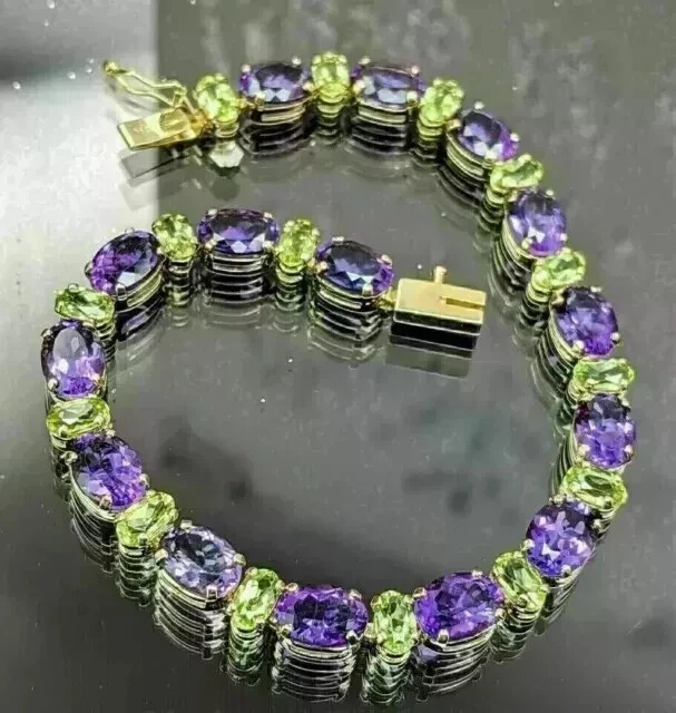 8Ct Oval Cut Lab-Created Amethyst Peridot Tennis Bracelet 14K Yellow Gold Plated - Image 4 of 4
