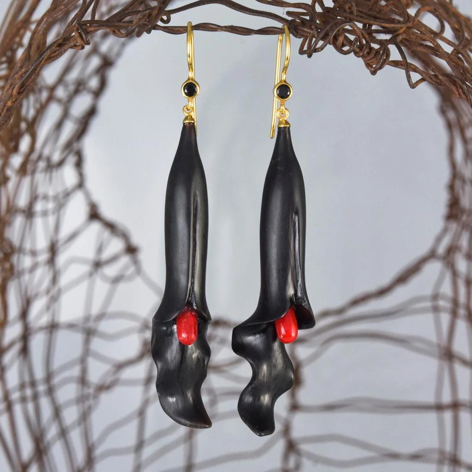 Flower Earrings Black Horn Red Coral Spinel Gold Vermeil Sterling Silver 8.07g - Image 4 of 4