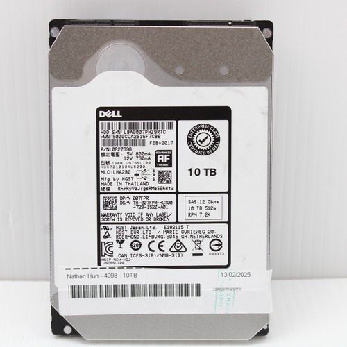Dell HGST 10TB 0F27398 HUH721010AL520 SAS HDD 7.2K 6Gb/s 256MB SAS III 3.5 512e - Afbeelding 2 van 9
