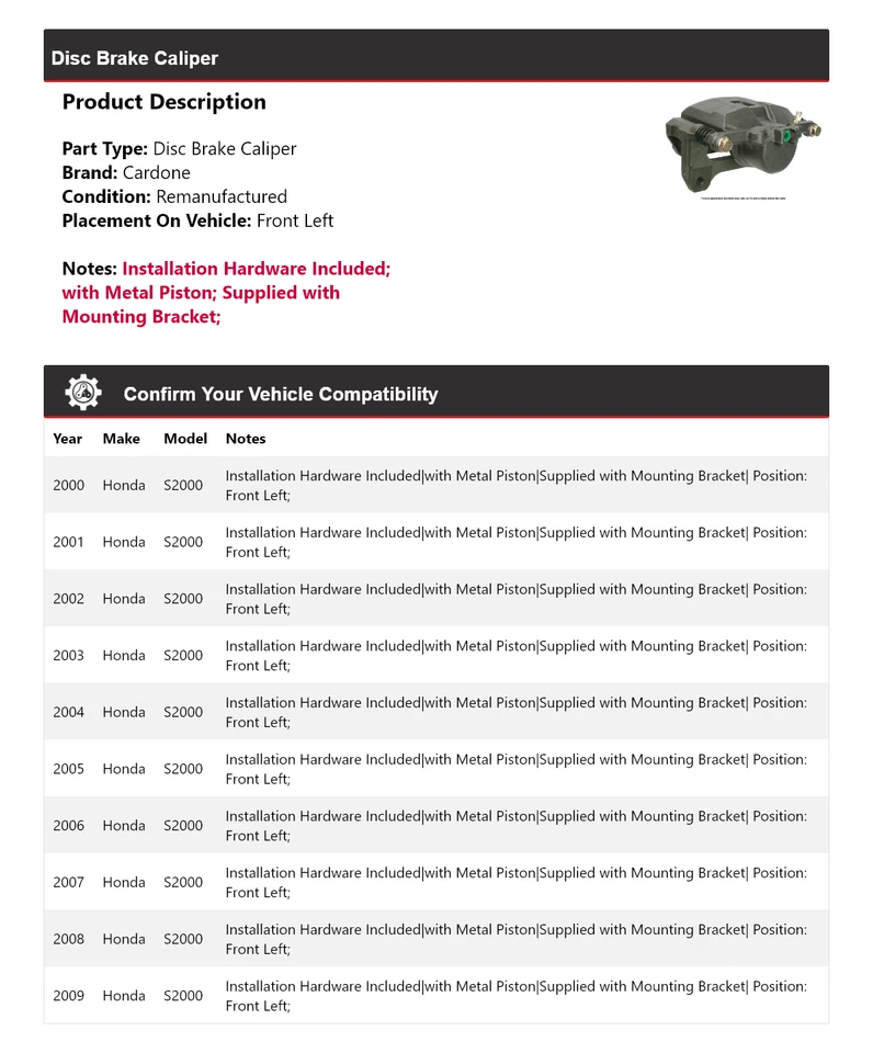 Pinza de freno de disco delantera izquierda cardone 2001 2002 2003 para Honda S2000 2000-2009 Foto 2 de 4