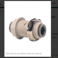 GRAY ACETAL BULKHEAD UNION 3/8 TUBE OD # PI1212S
