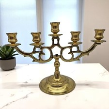 Large Solid Brass 5-Candle Candelabra W/ Wax Plates 9.5" High x 15" Wide Vintage