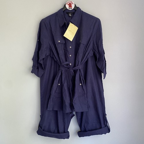 NEW Dialogue Stretch Linen Rayon Safari Shirt Crop Pants Outfit Set Navy Blue