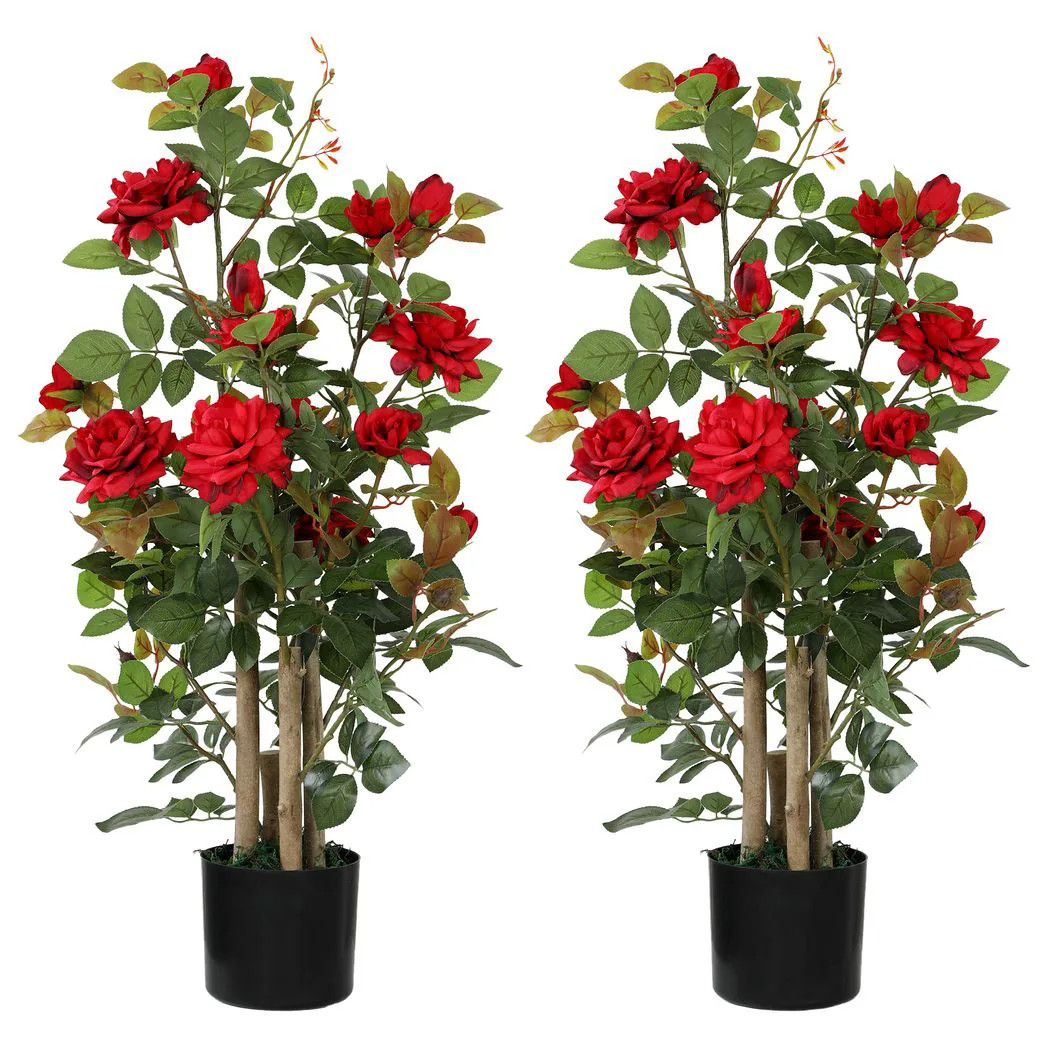 HOMCOM Artificial Rose Tree Set of 2 with 344 Silk Leaves & 17 Flowers in Red - Image 2