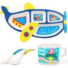PHEENOWL Kids Dish Plates with Utensils and Cup - Fun Airplane Divided Plate ...