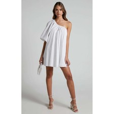 Commense Cotton Linen Blend One Shoulder White Mini Dress Party Cocktail M
