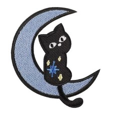 Cute Black Cat Sitting on Blue Crescent Moon - Embroidered Iron-On Patch