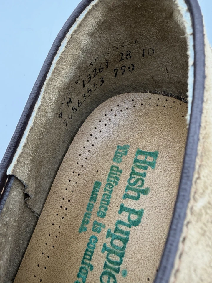 Zapatos Derby De Colección Hush Puppies Hechos en EE. UU. Gamuza Tostada Sin usar, en caja, Puntera Para Hombre 9M Preparación Foto 3 de 4