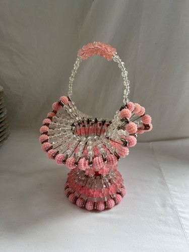 Vintage Pink Bead & Pins Basket 10” tall