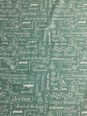 BAKING WORDS BAKERY COFFEE BREAK SHOP KITCHEN LOVE AQUA TEAL  COTTON FABRIC FQ
