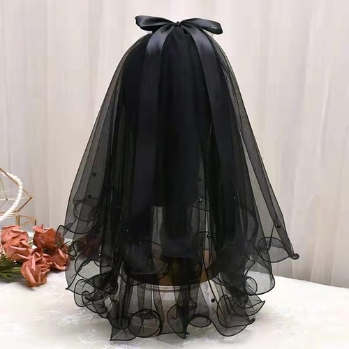 Velo de Boda Caiguoer Corto Negro, 2 Niveles Gótico Novia Velo Fiesta de Halloween B... - Imagen 2 de 7