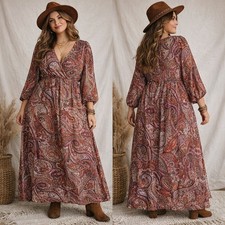 Paisley Print Plus Sz 1X Wrap Maxi Dress Boho Flowy 3/4 Sleeve Festival