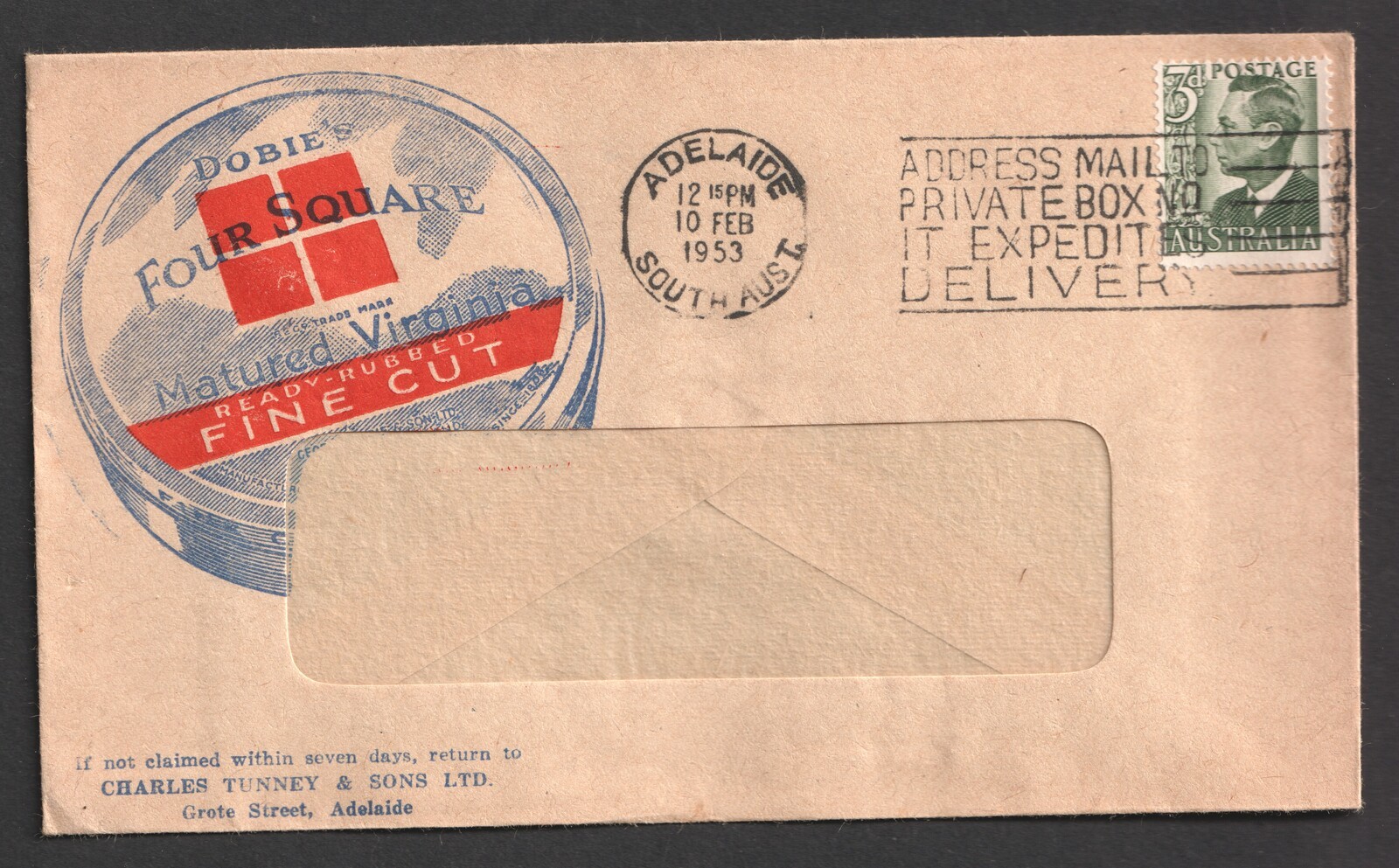 1953 Australia Tobacco Tin Advertising cover. Dobie Four Square, Charles Tunney