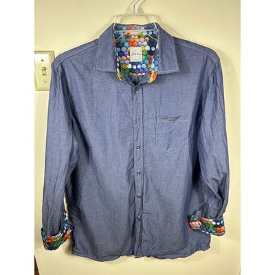 Signum Button Down Shirt Mens L Blue Bubble Contrast Cuff Modern Fit Chambray