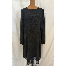 Black Flocked Polka Dot Long Sleeve Shift Dress Sheer Overlay Lined L