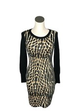 Vince Camuto Sweater Dress Womens Small Animal Print Black Tan Brown Long Sleeve