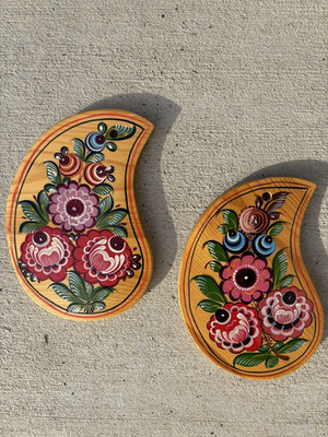 Vintage USSR Russian Two Gorodets Handpainted Laquer Cutting Boards Wall Art 7''H