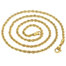 3mm Mens Rope Chain Gold Plated Stainless Steel Link Necklace for Unisex 16-30"