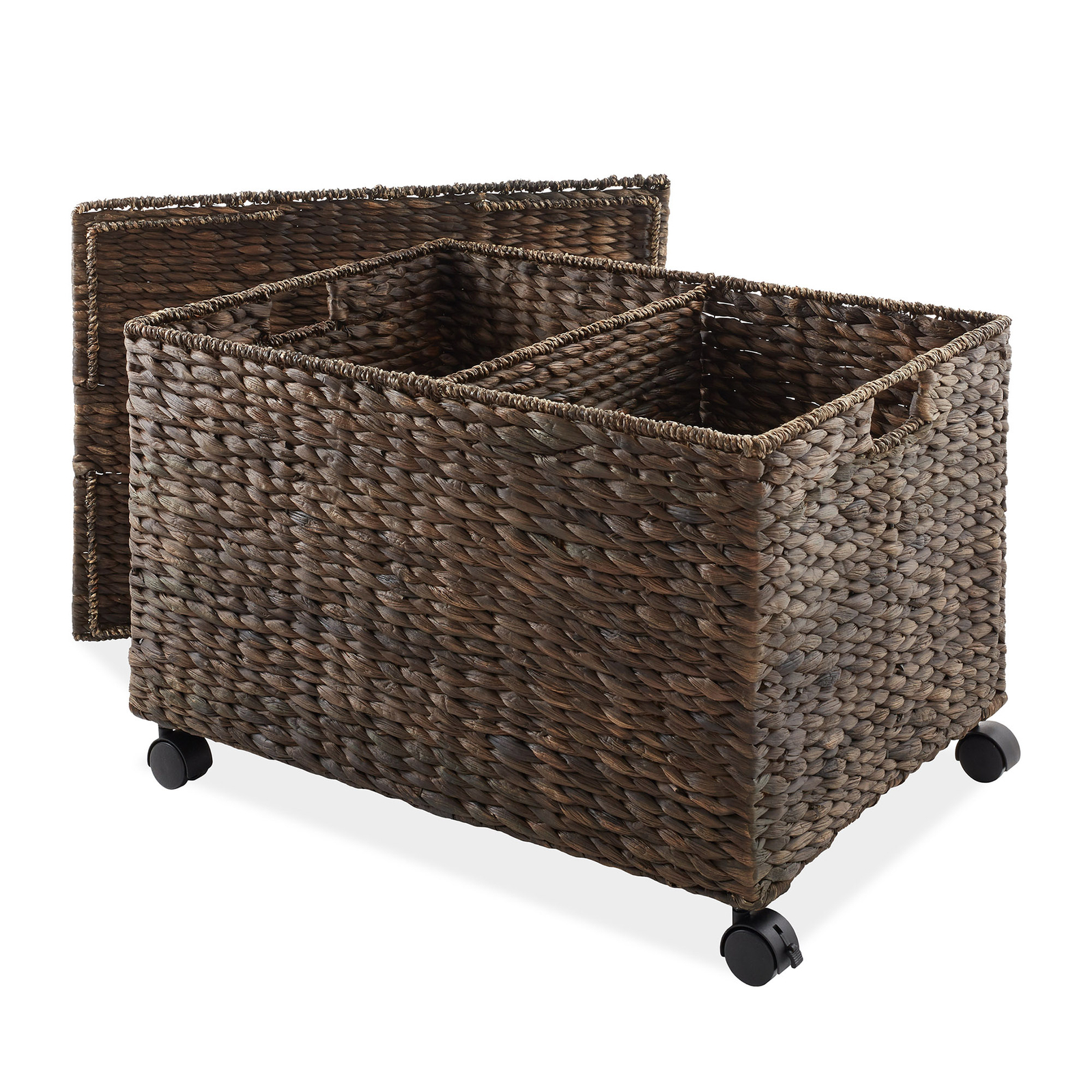 Rolling Storage Basket Cart w/ Lid, Woven Wicker Divided Recycling Bin, Espresso
