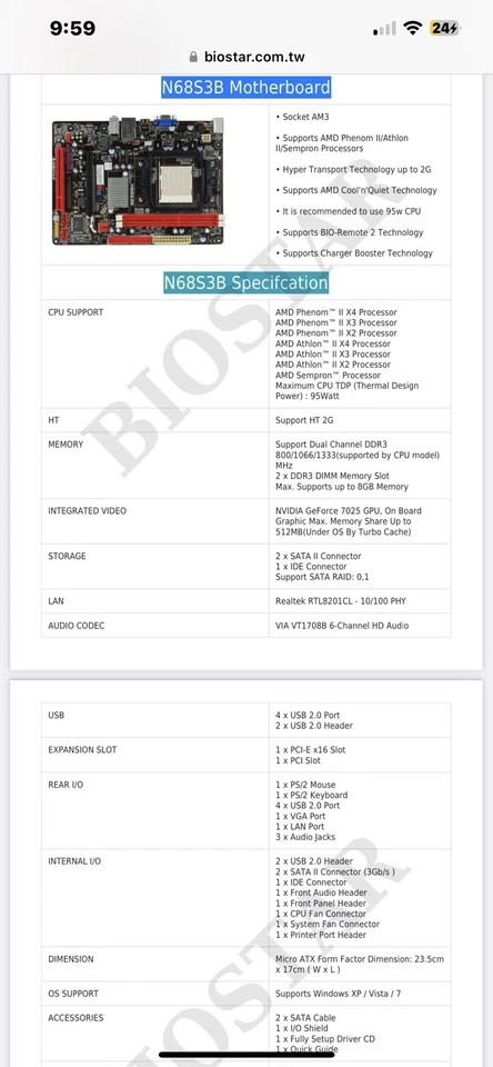 Biostar N68S3B NVIDIA MCP68S Socket AM3 AMD DDR3 95W WIN7 Micro ATX Motherboard - Image 3 of 4