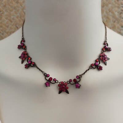 Michal Negrin Necklace Dainty Hot Pink Flowers Station With