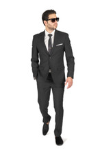 Slim Fit 2 Button Black Micro Texture Weave Mens Notch Lapel Suit 11812 AZARMAN