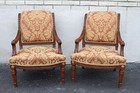 Lovely Pair of French Provincial Walnut Carved Fauteuils Chairs, New Upholstery