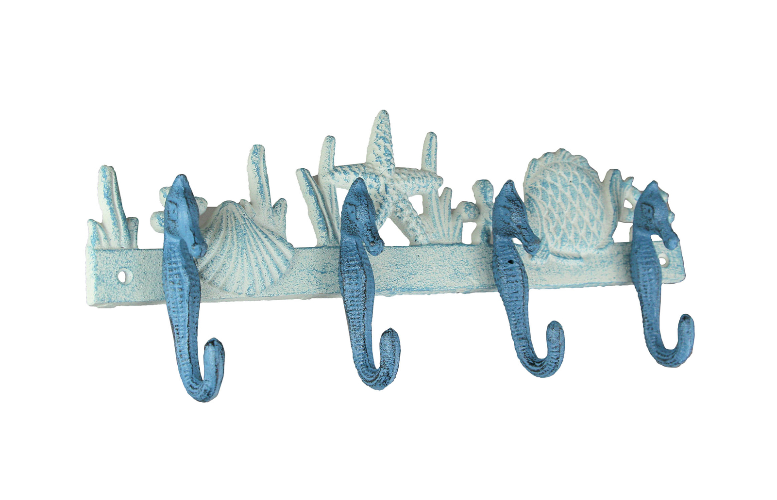 Blue White Cast Iron Seahorses Decorative Wall Hook Hanging Towel or Coat Rack
