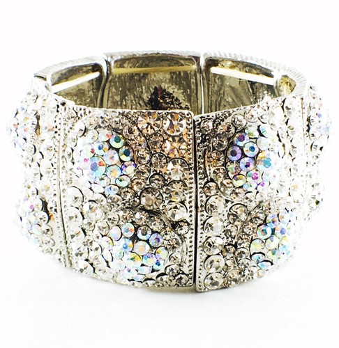 USA Bracelet Rhinestone Crystal Adjustable Wedding Bridal AB Silver Wide 02 - Picture 2 of 5