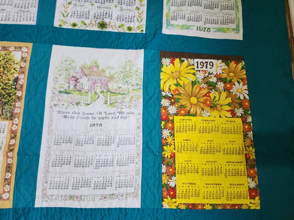 Vintage Linen Calendar Towel Quilt Farmhouse 1960s-1990s Full Queen 92x85" - Image 4 of 4