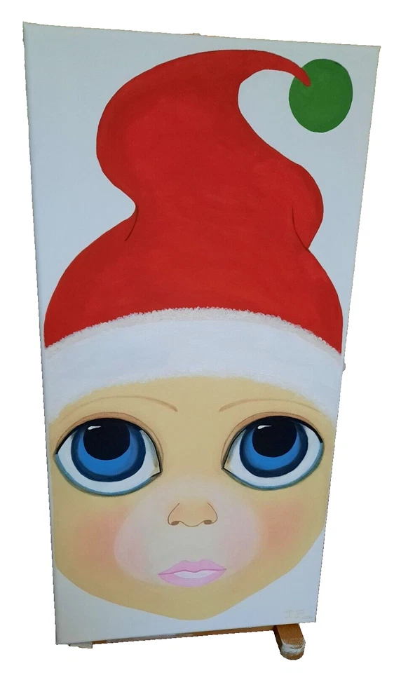 Lindo elfo inspirado en Margaret Keane ojos azules grandes pintura única decoración de pared Foto 2 de 4