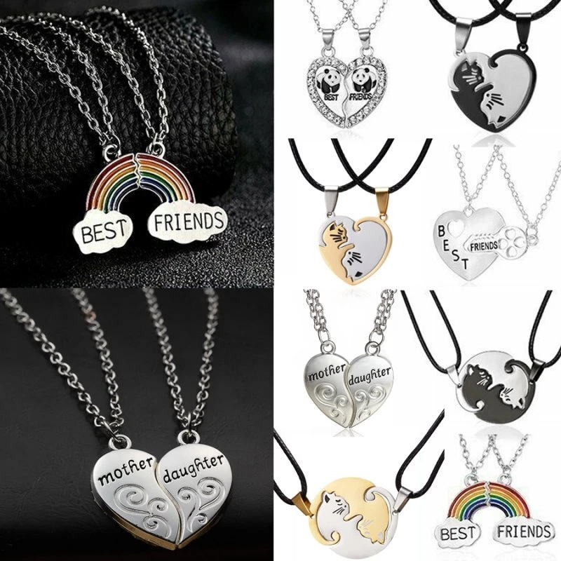 Fashion Best Friend Heart Rhinestone 2 Pendants Necklace Bff