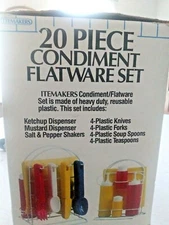 Picnic Condiment Flatware Set Vintage Salt & Pepper Ketchup Mustard Dispensers