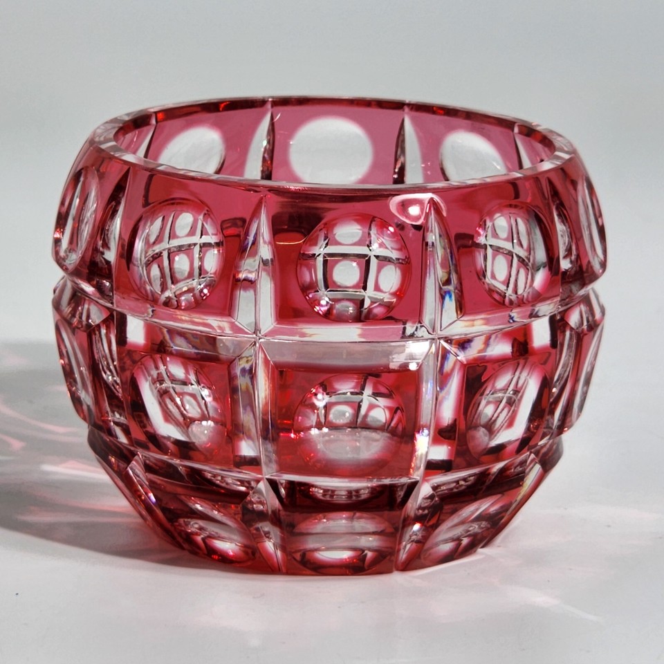 Bohemian Cut to Clear Ruby Red Rose Small Bowl Vases Decorative Glass