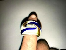 Vintage Handmade Blown Glass Ring Jewelry Blue White and Gold Size 7.5