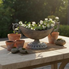 Metallvase mit Griffen antikgrau Deko-Schale mit Fu&szlig; Breite &Ouml;ffnung f&uuml;r Garten