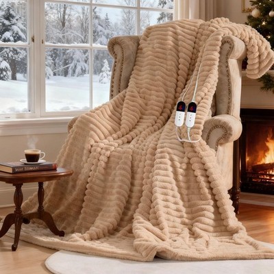 Electric Blanket 90 x 100 Inch Soft Stripe - Dual Controllers, 6 Heating