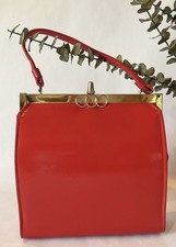 Vtg Red Handbag, 50s 60s Vinyl Purse, Rockabilly Red Pocketbook, Mod Retro Bag