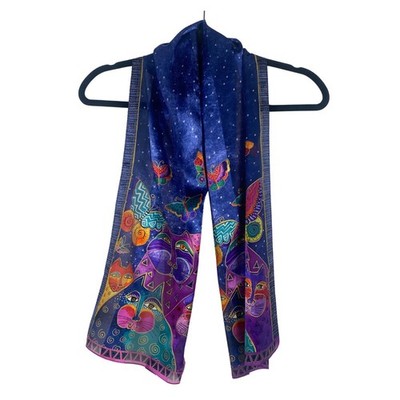 Laurel Burch Silk Oblong Scarf Blue Cats Butterflies Whimsical Art VTG Style