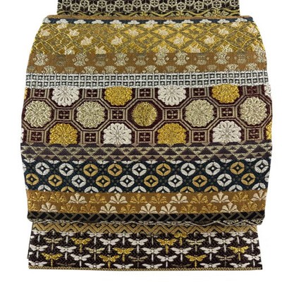 Japanese Silk Fukuro obi Kondaya Genbee Brown Court pattern Stepped stripe Foil