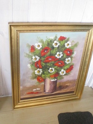 Älteres Gemälde Stillleben mit Blumen Kornblumen Margeriten Helle Lund 75,5 x 85